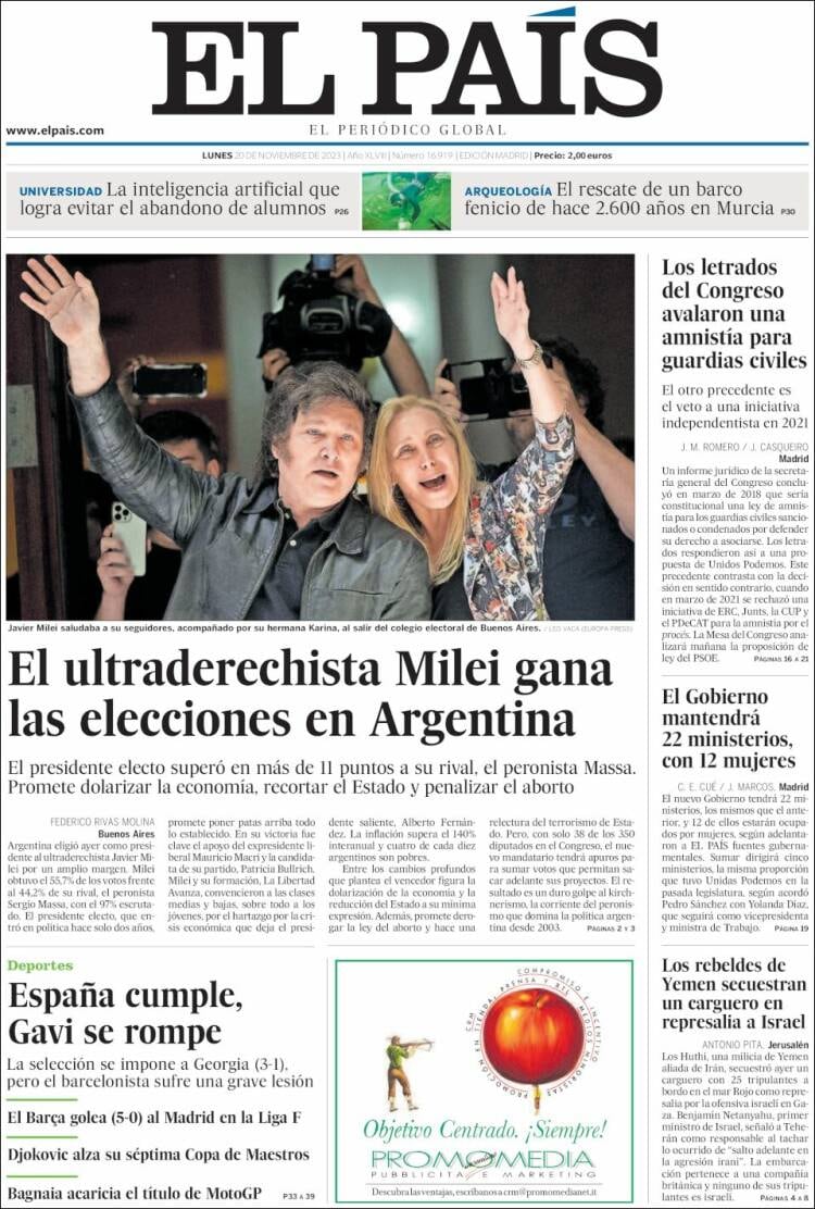 Medios del mundo reflejaron el triunfo de Javier Milei