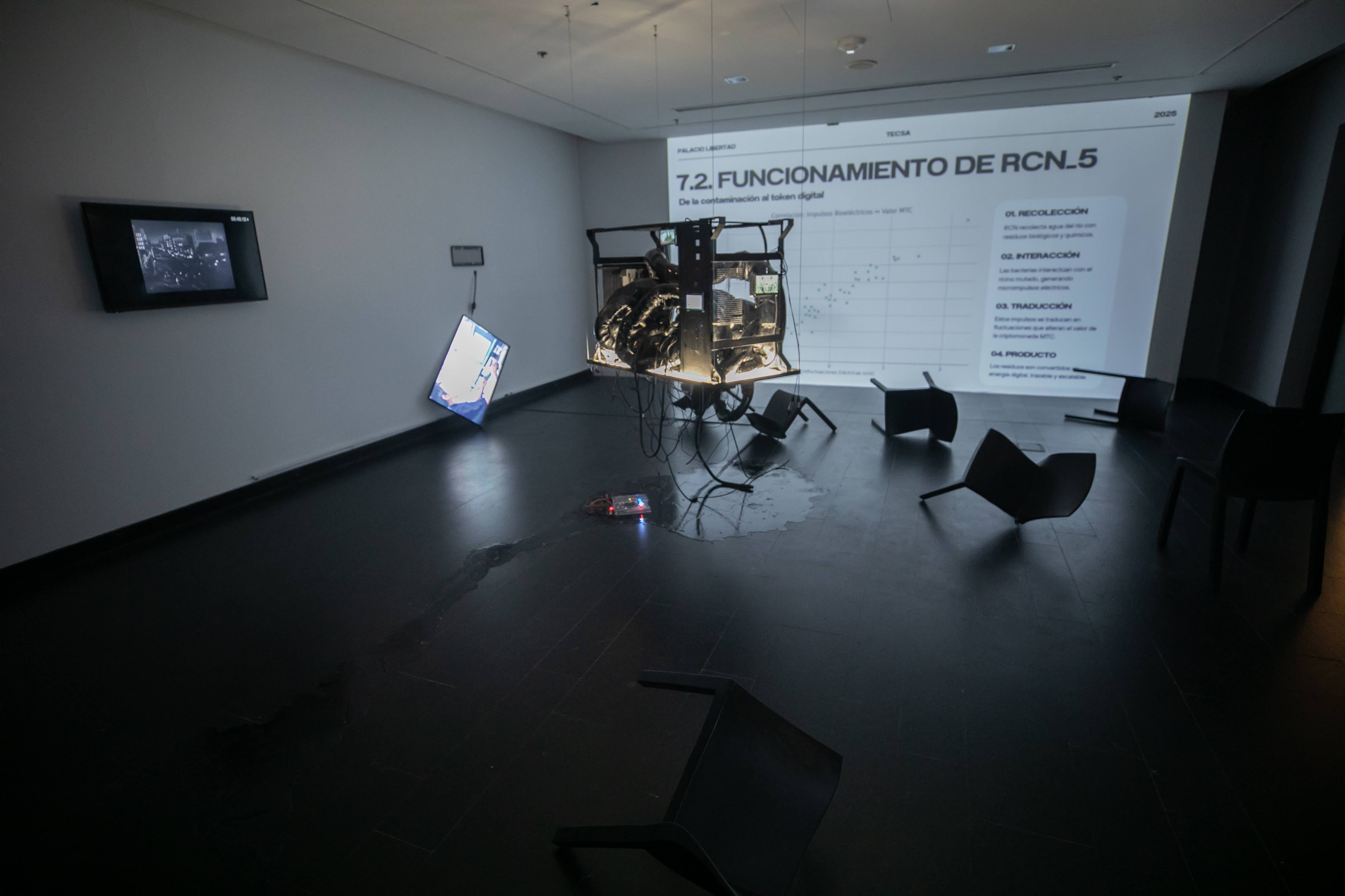 Vista de la instalación multimedia de los artistas Rodrigo Alcon Quintanilha, Hernán Borisonik, Gabriela Francone, Gonzalo Silva y Claudia Valente. Fotografía: Federico Kaplun. Abajo: Detalle de vitrina de la instalación de Federico Gloriani. Fotografía: Luna Chapur 