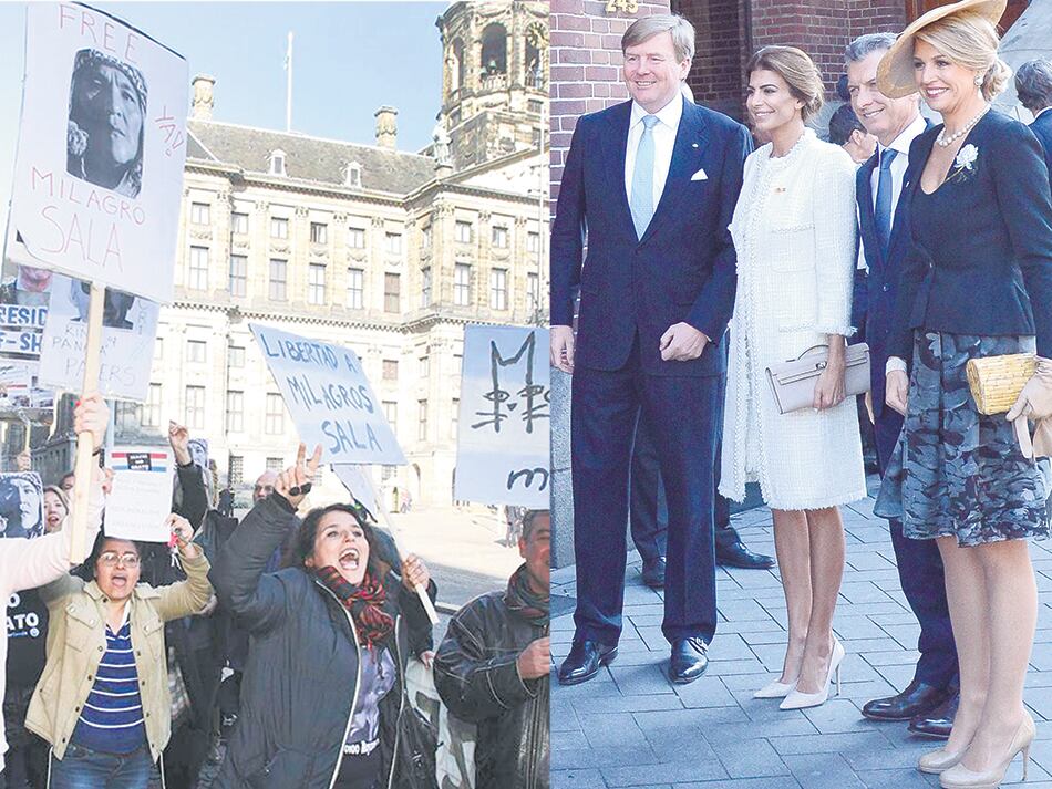 La protesta de argentinos en la plaza Dam durante la primera actividad de Mauricio Macri en Amsterdam.