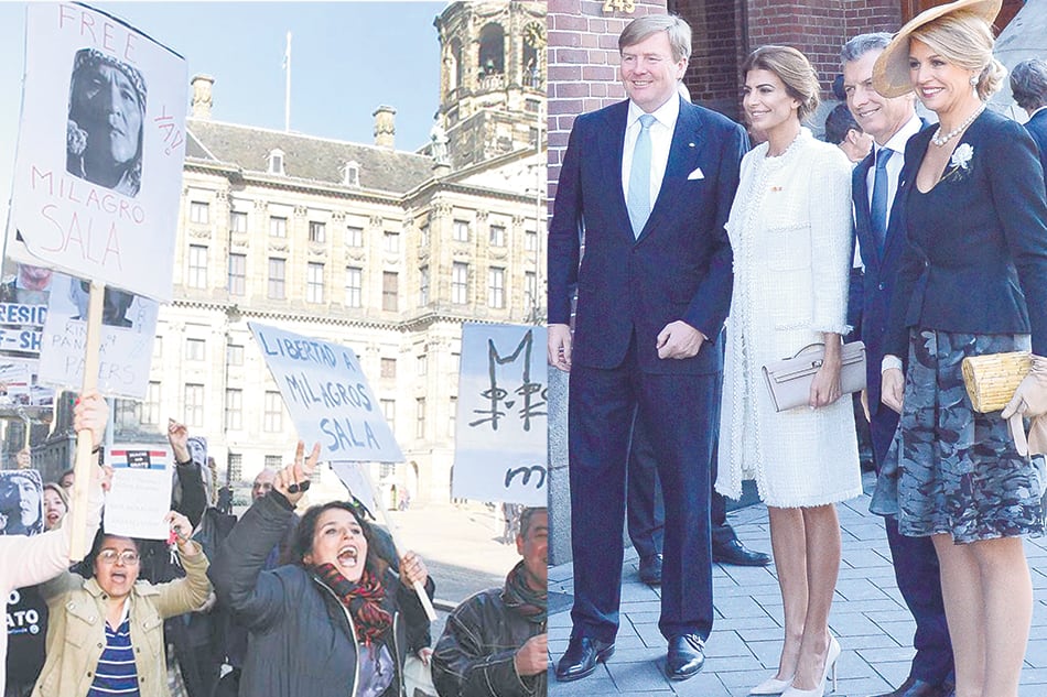 La protesta de argentinos en la plaza Dam durante la primera actividad de Mauricio Macri en Amsterdam.