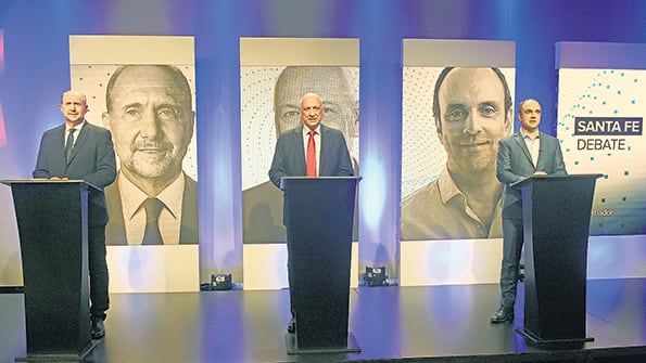 Omar Perotti, Antonio Bonfatti y José Corral, los principales postulantes en la elección del próximo domingo.