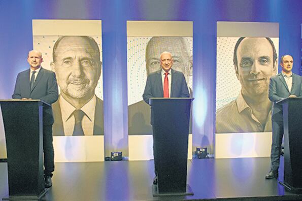 Omar Perotti, Antonio Bonfatti y José Corral, los principales postulantes en la elección del próximo domingo.
