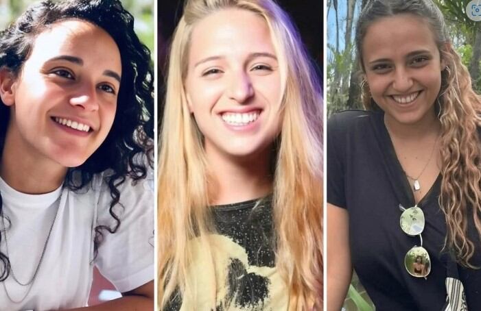 Emily Damari, Doron Steinbrecher y Romi Gonen, las tres rehenes liberadas este domingo.