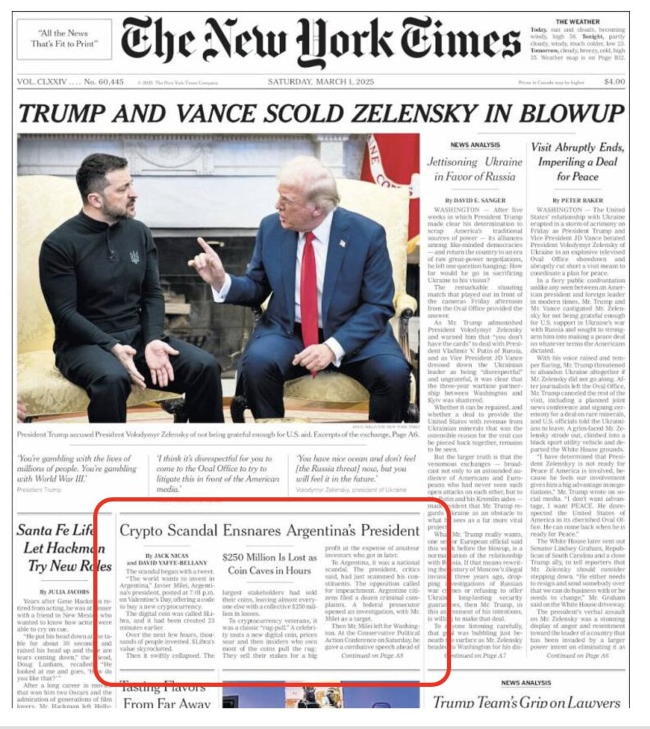 La portada del New York Times de este sábado, con el Criptogate en un lugar destacado. 