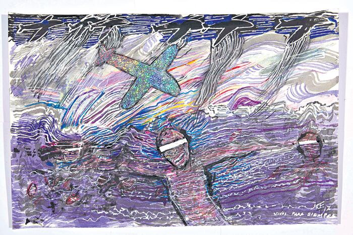 Vivos para siempre, 2017, de Noé; acrílico, tinta y collage sobre papel, 42 x 65 cm.