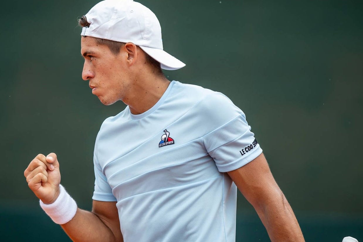 El festejo de Sebastián Báez, durante su debut en Copa Davis