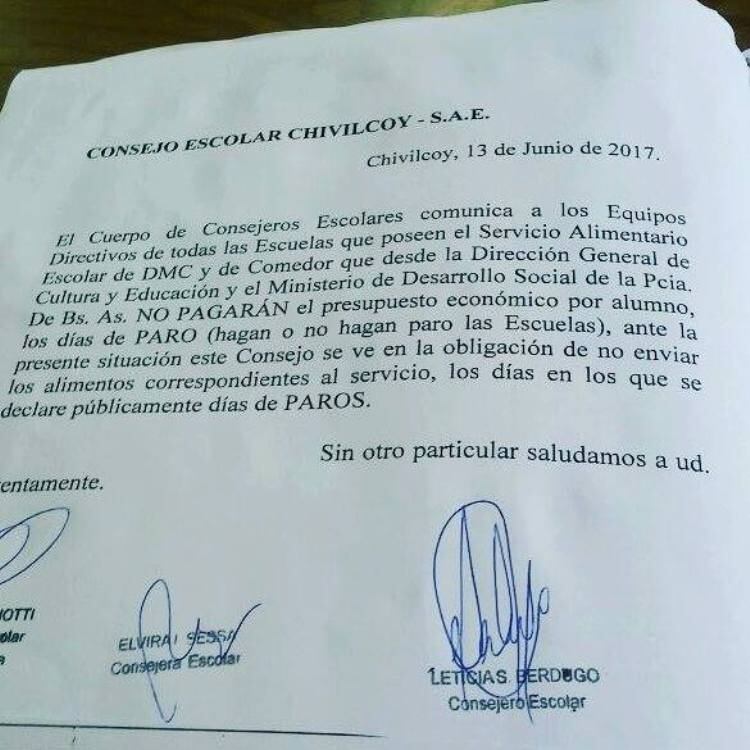 La orden escrita que llegó al Consejo Escolar de Chivilcoy.