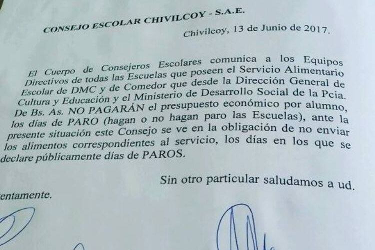 La orden escrita que llegó al Consejo Escolar de Chivilcoy.