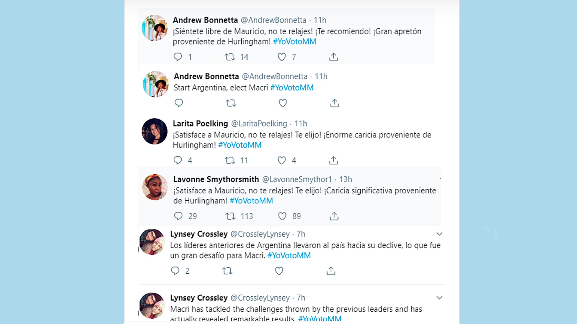 Cientos de cuentas falsas se sumaron en dudoso castellano a la consigna #YoVotoMM.
