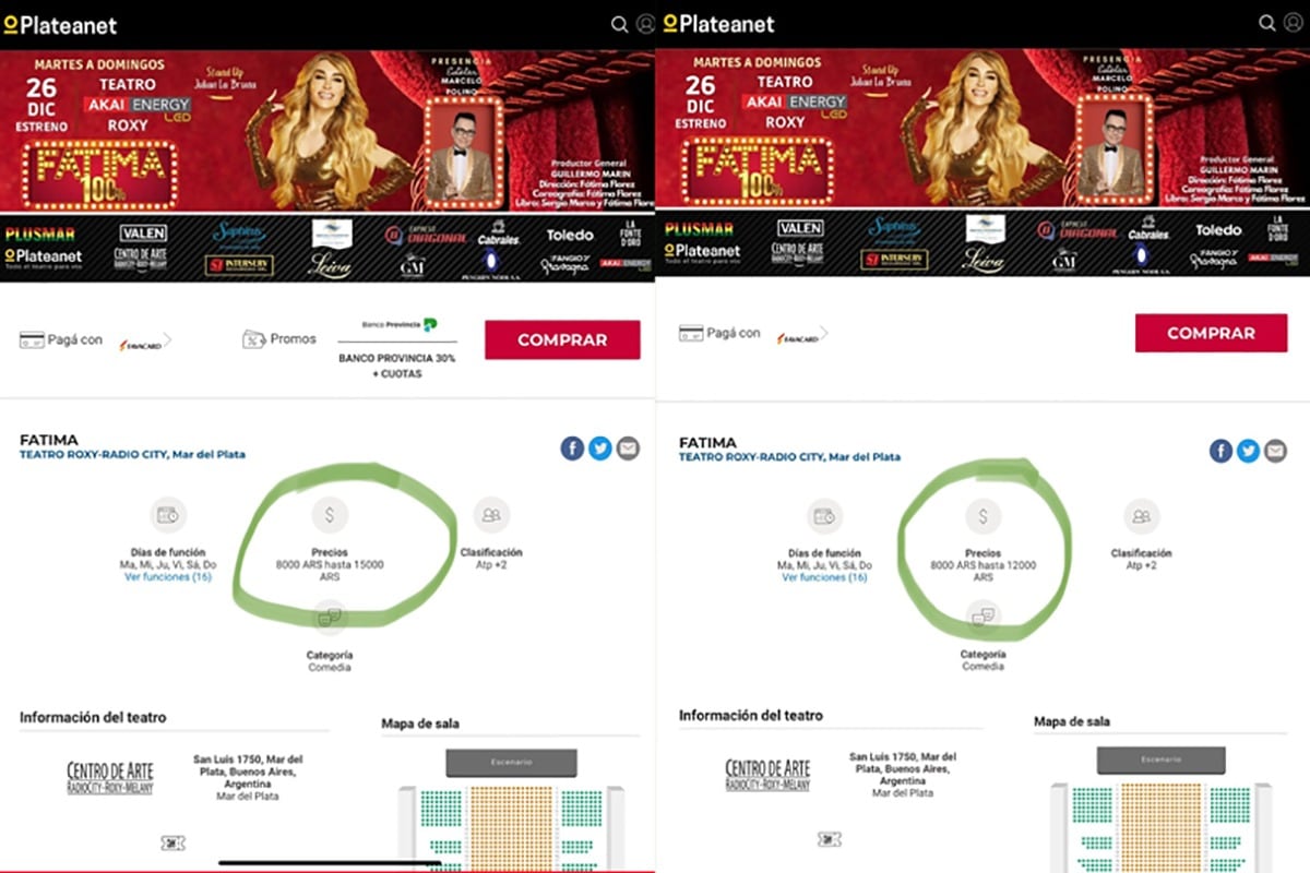 Capturas de pantalla con el precio inflacionado y la marcha atrás.