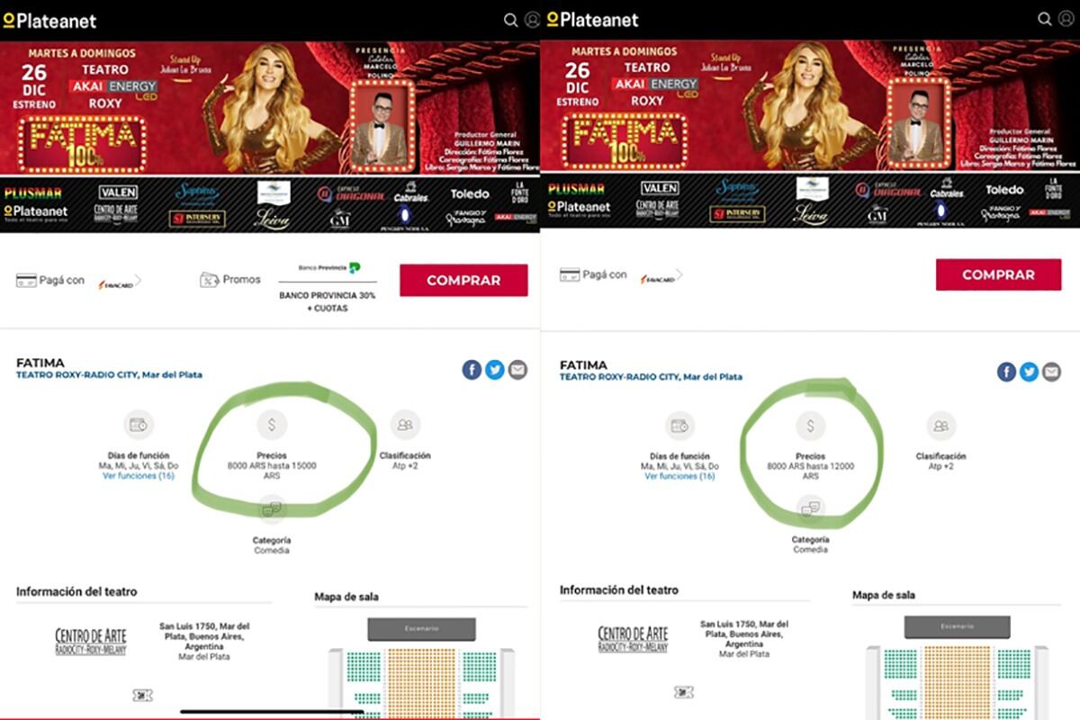 Capturas de pantalla con el precio inflacionado y la marcha atrás.