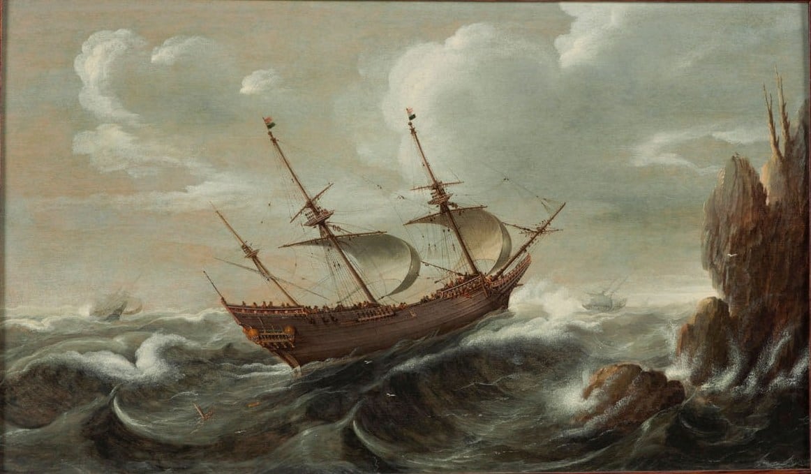 Barco en aguas tormentosas de Cornelis Verbeeck, 1625