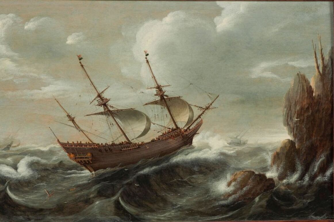 Barco en aguas tormentosas de Cornelis Verbeeck, 1625