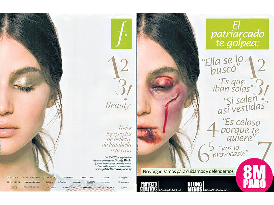 El anuncio sobre belleza femenina y la otra cara, la mujer golpeada y las justificaciones machistas que sostienen la violencia.