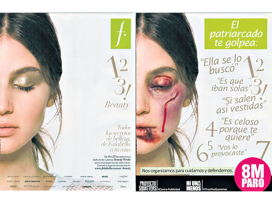 El anuncio sobre belleza femenina y la otra cara, la mujer golpeada y las justificaciones machistas que sostienen la violencia.