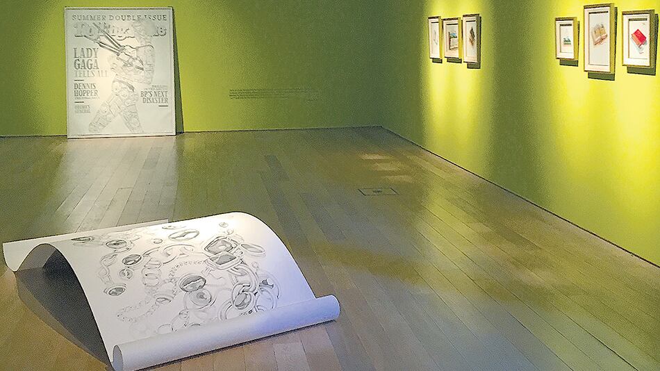 Vista parcial de la exposición de Mildred Burton y Luciana Rondolini. Abajo: Obra de Mildred Burton.