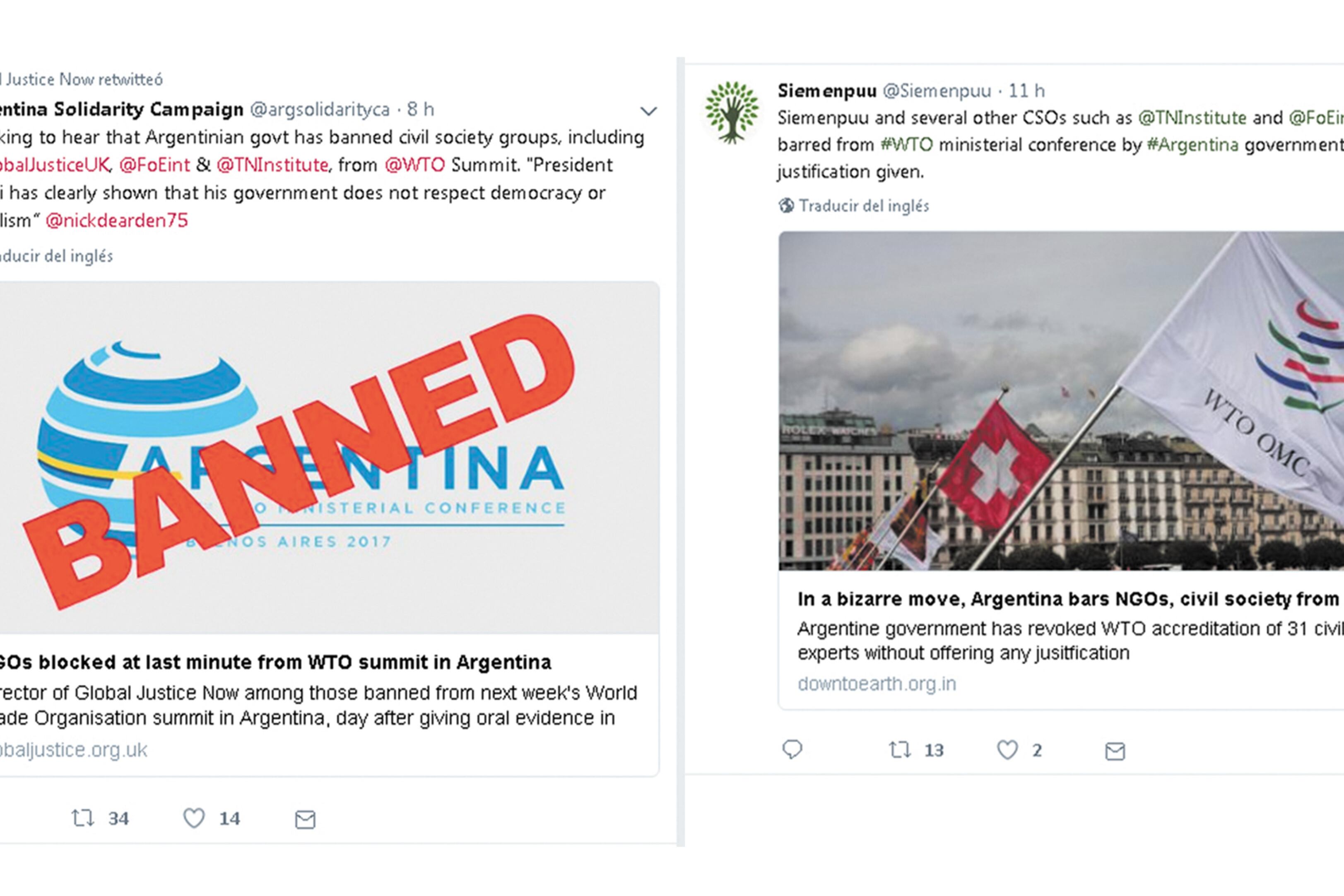 Facsímil de los tuits de ONGs internacionales.