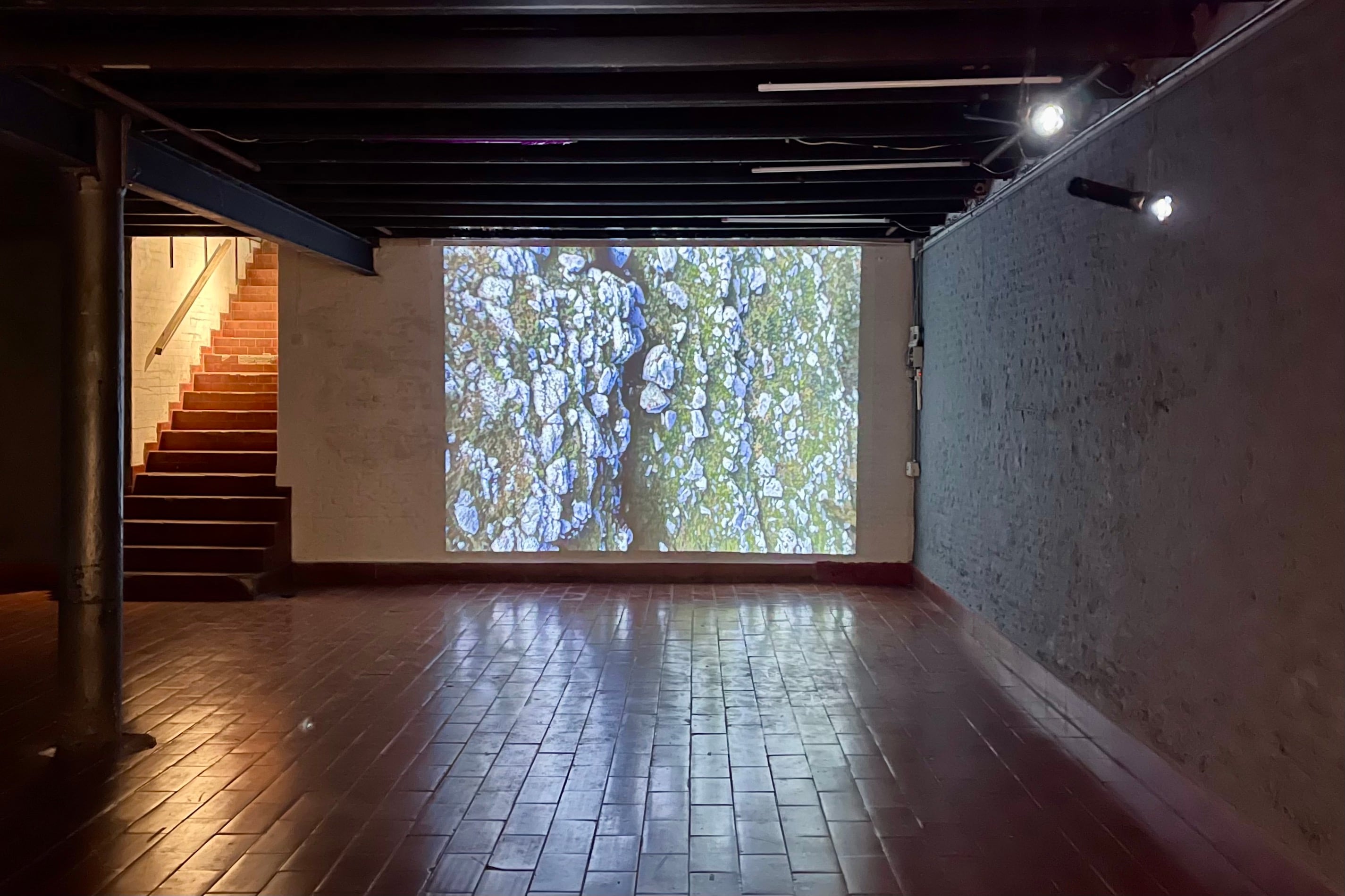 Uno de los videos de Marcela Cabutti exhibidos en la galería NN. Abajo: Detalle de uno de los vidrios tallados de Cabutti.