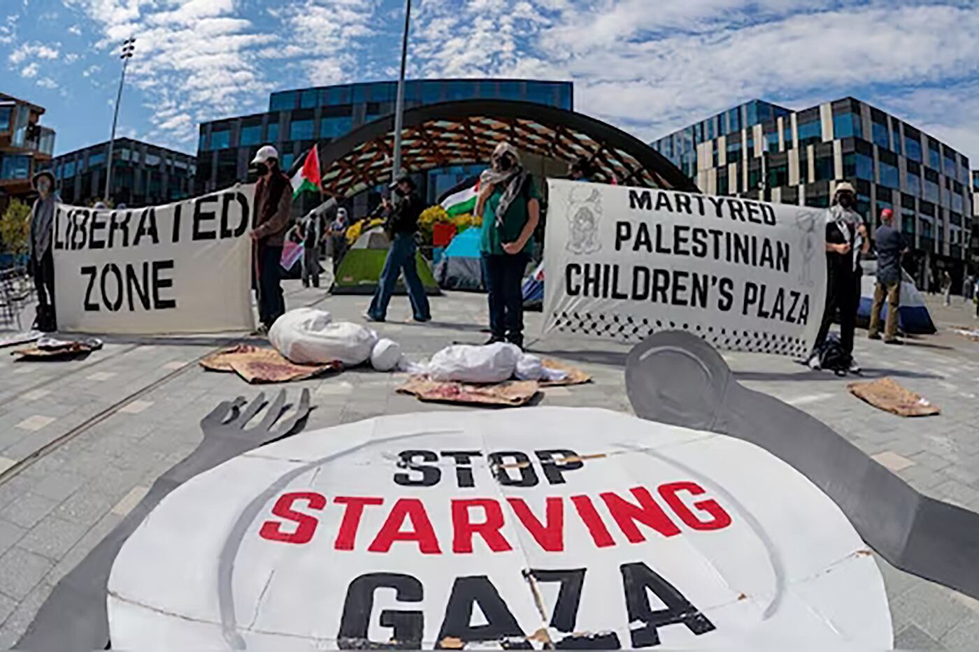 "Plaza de los niños palestinos martirizados" y Paren la hambruna en Gaza", entre las consignas.