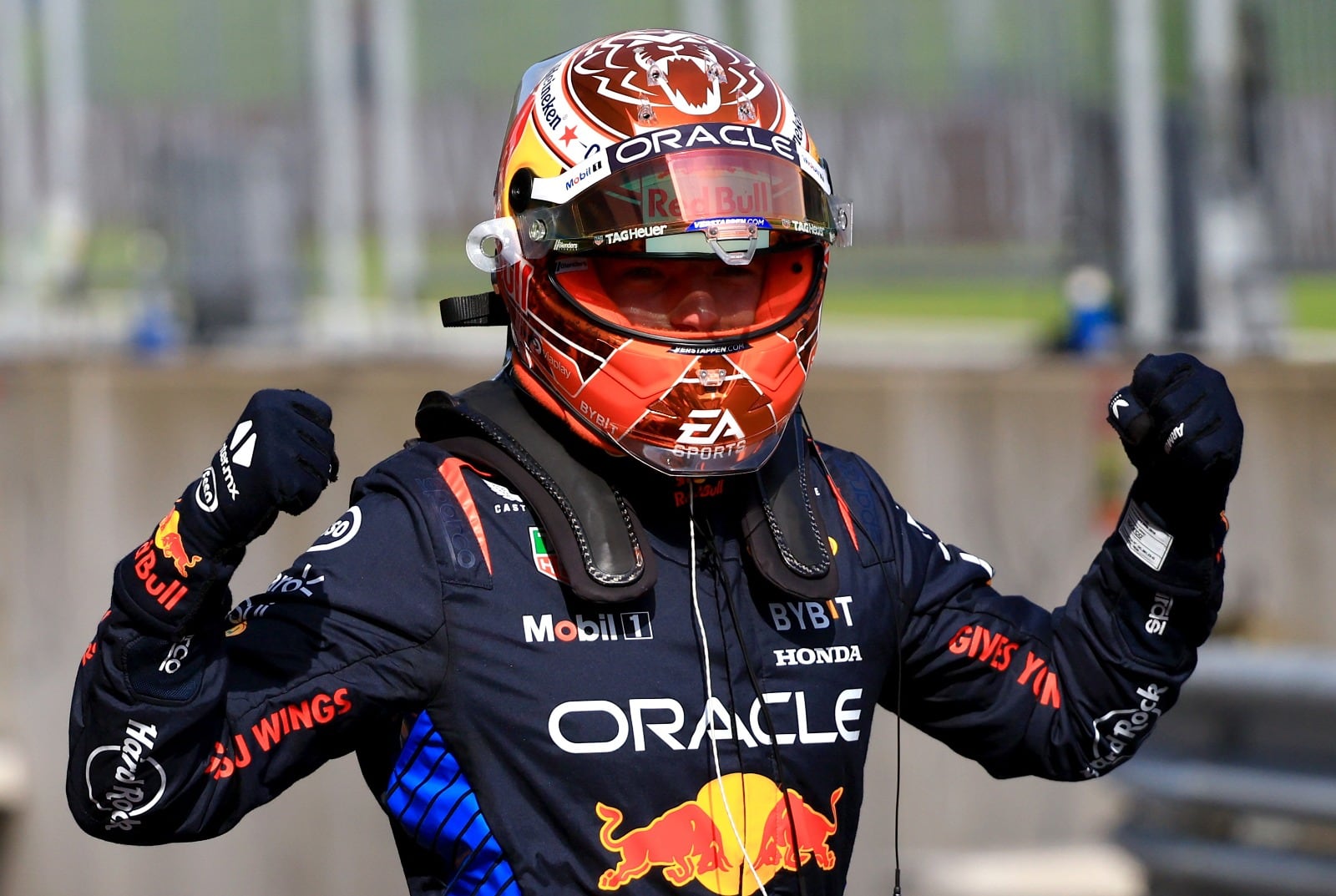 El festejo de Verstappen, que viene dominando el Gran Premio en casa