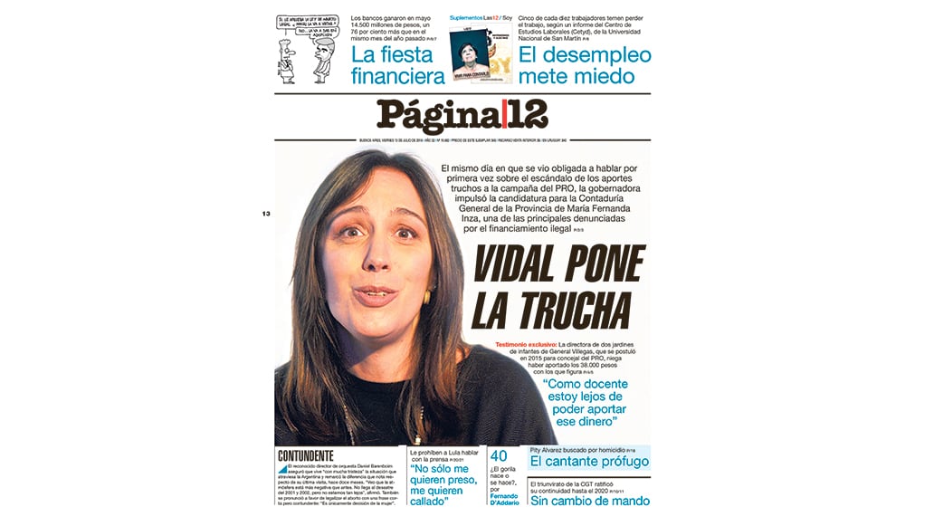 La tapa de Página/12 sobre la designación de María Fernanda Inza.