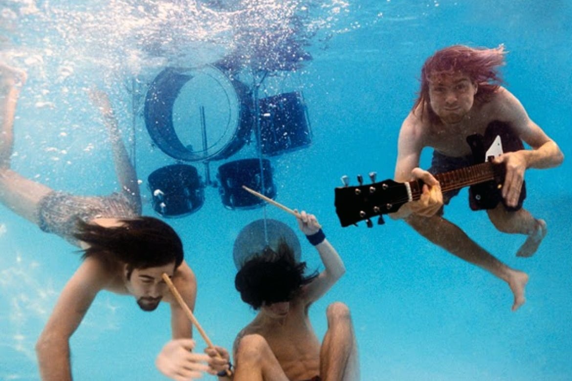 Novoselic, Grohl y Cobain en la sesión de fotos de prensa para Nevermind.