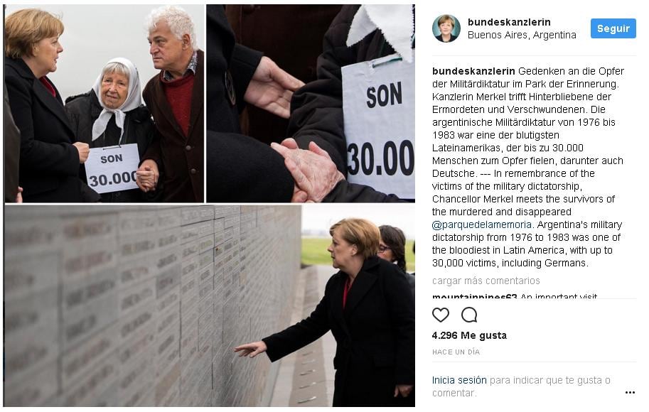 Merkel arrojó flores al Río de la Plata en su recorrido por el Parque de la Memoria.
