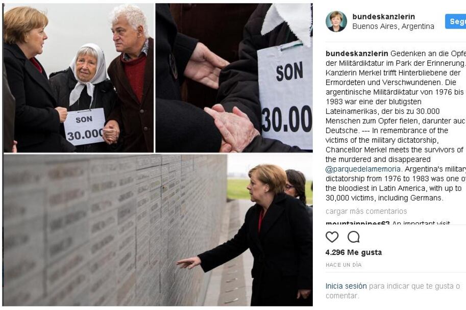 Merkel arrojó flores al Río de la Plata en su recorrido por el Parque de la Memoria.