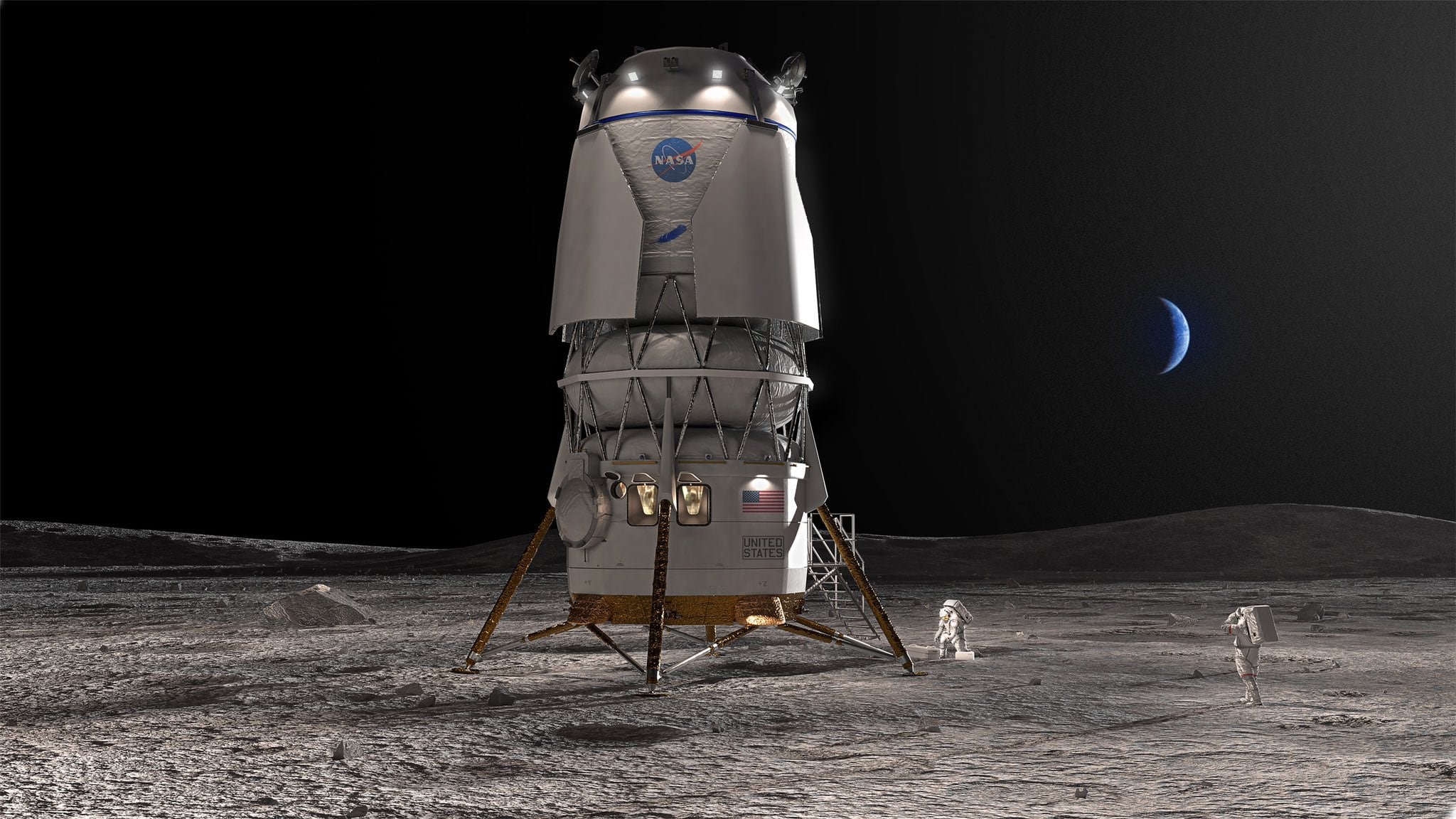 Una representación del módulo de aterrizaje Blue Moon de Blue Origin, como parte del programa Artemis de la NASA. Imagen: Blue Origin/NASA