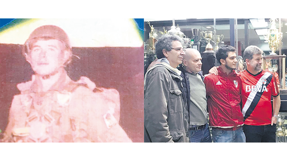 El periodista Edgardo Esteban con el uniforme de combate y en una visita a River.