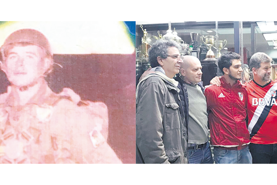 El periodista Edgardo Esteban con el uniforme de combate y en una visita a River.