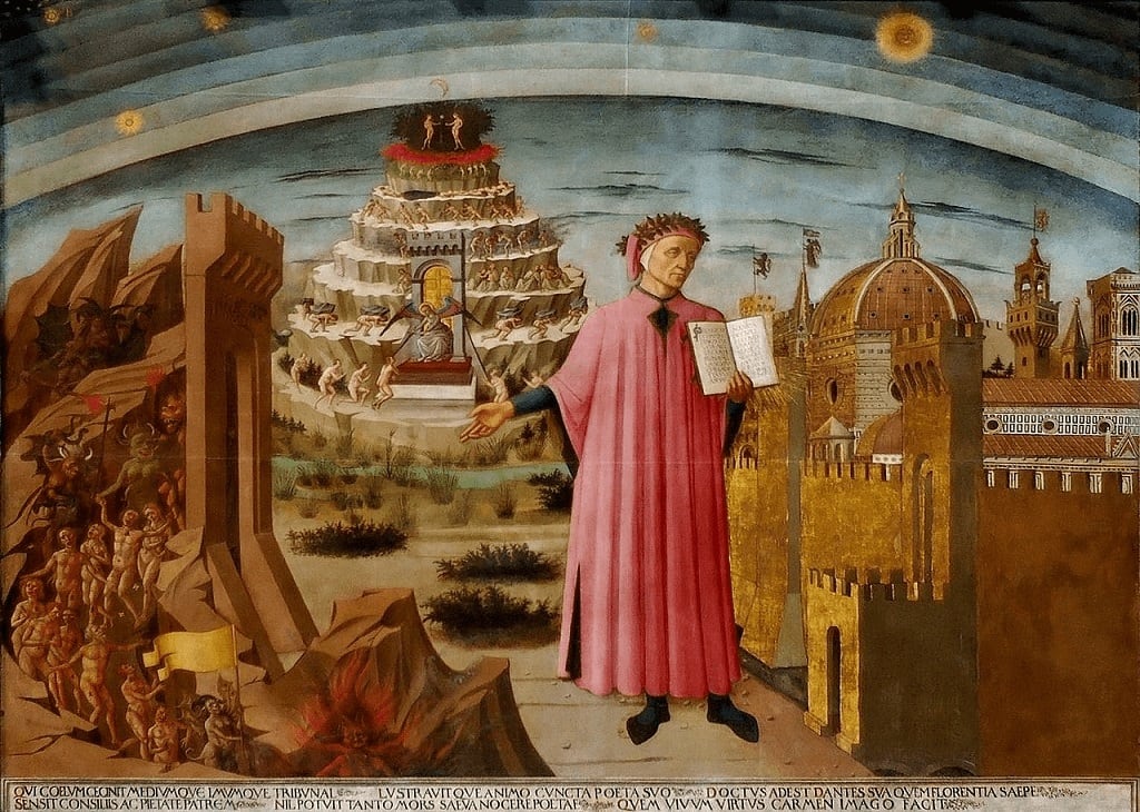 Dante sosteniendo una copia del poema y dando entrada al infierno, de Botticelli.