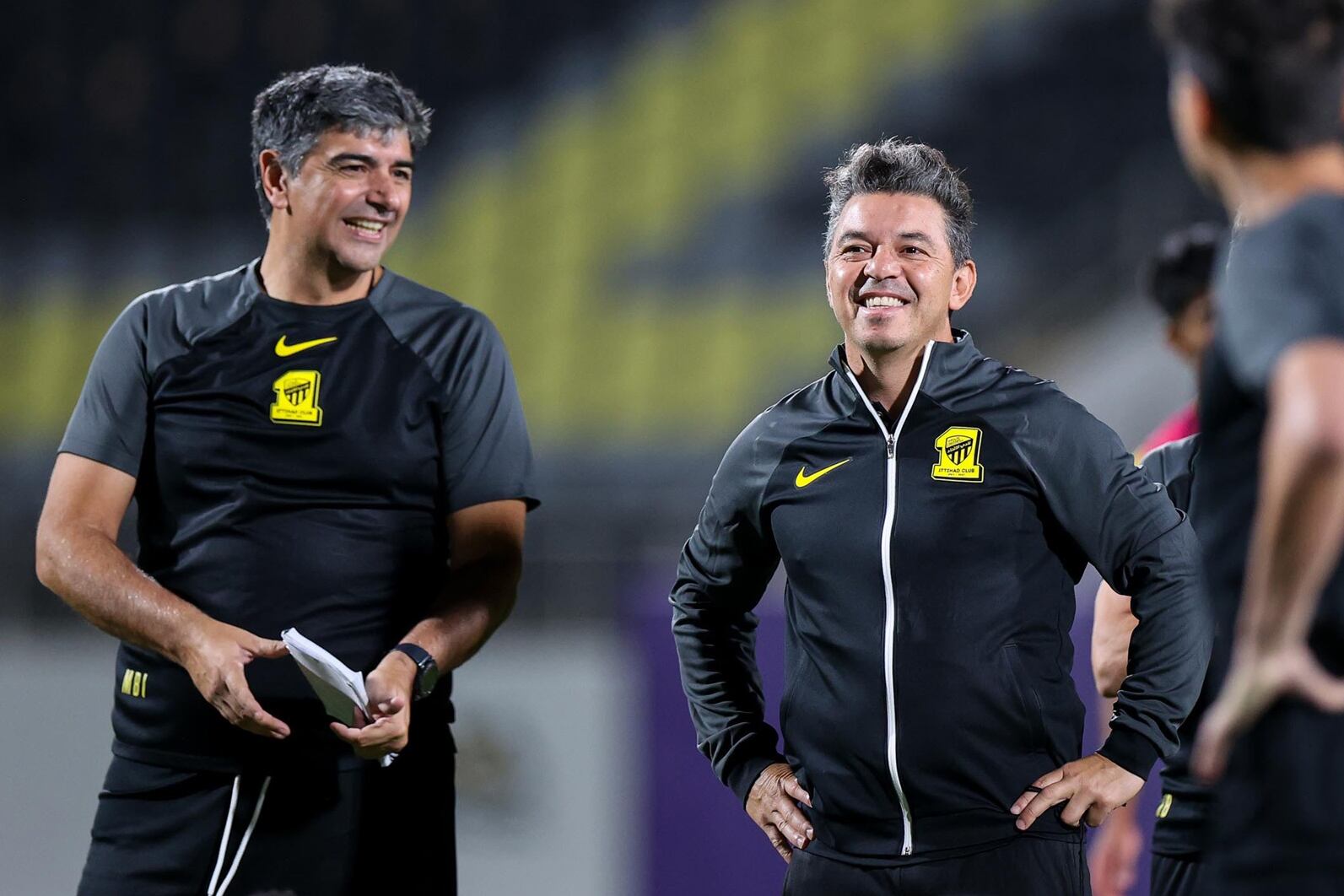 Matías Biscay y Marcelo Gallardo, sonrientes
