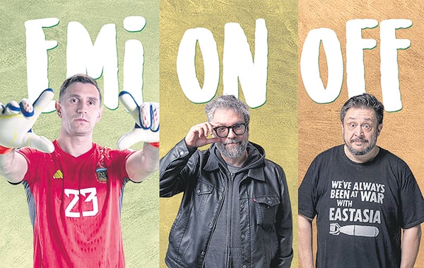 Emiliano Martínez y los responsables de la película animada, Liniers y Hernán Casciari.