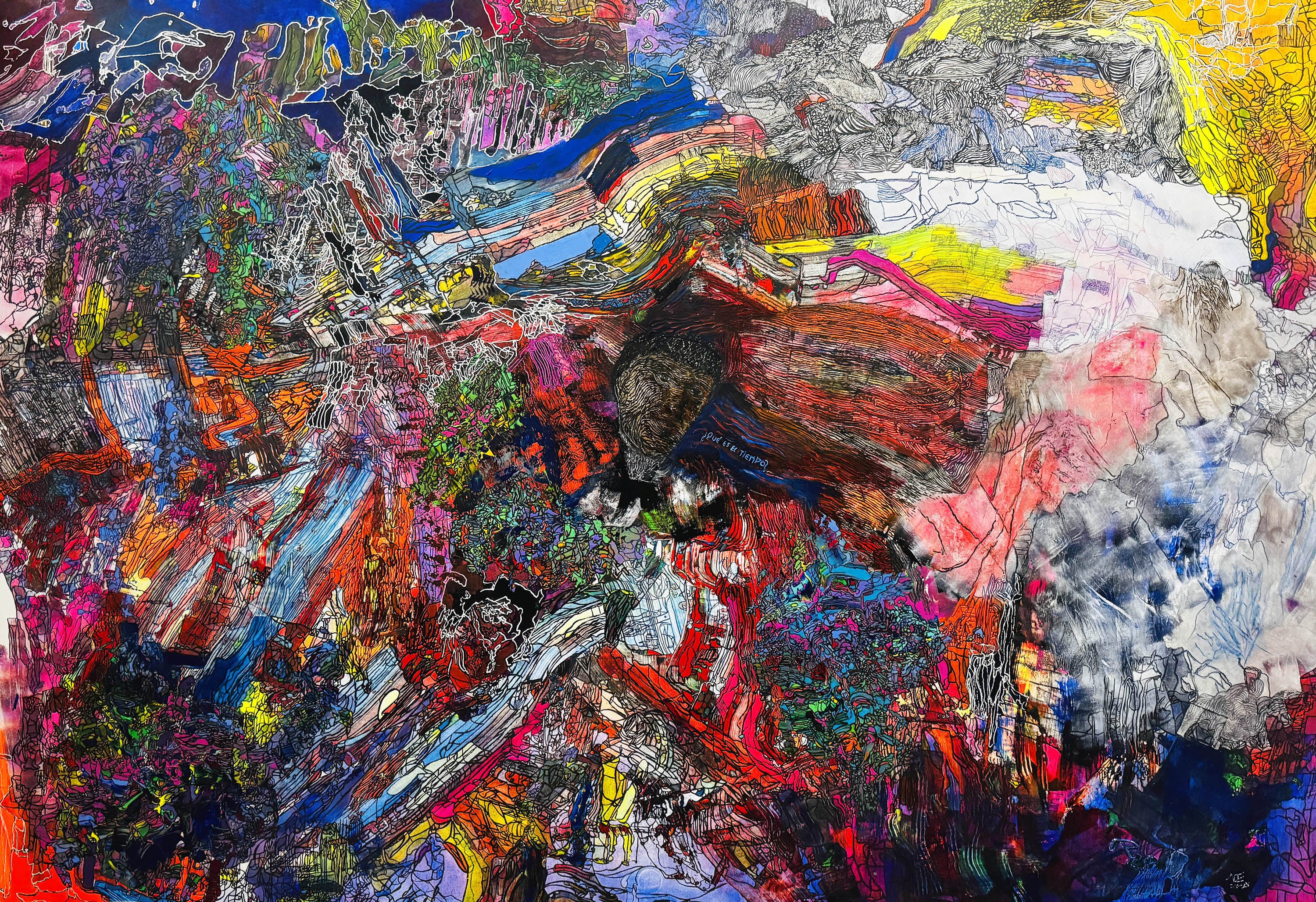 Qué es el tiempo (2025), pintura de Luis Felipe Noé. Abajo: Autorretrato (1968) y foto de Noé con el autorretrato en transparencia.