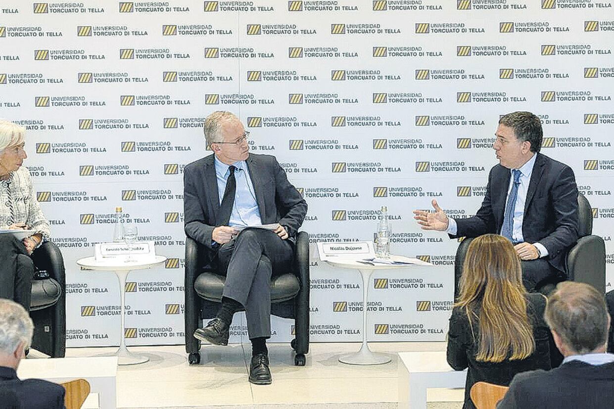 Christine Lagarde participó de un panel en la Universidad Torcuato Di Tella junto al ministro Nicolás Dujovne.