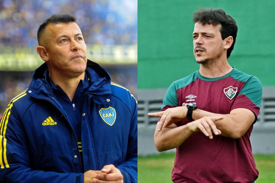 Jorge Almirón (Télam) y Fernando Diniz (Prensa Fluminense), los DT de Boca y Fluminense. 