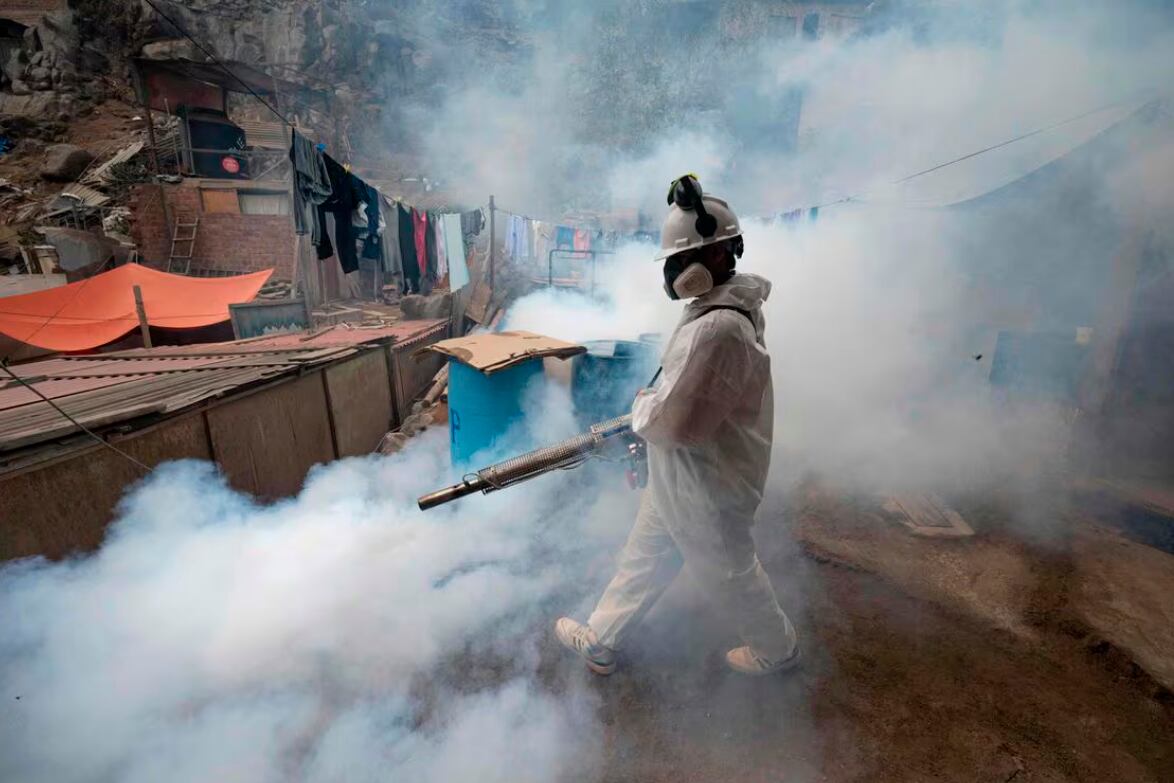 Un integrante de una brigada de salud fumiga una calle para evitar la propagación del dengue en el distrito de San Juan de Lurigancho, en Lima, el pasado 11 de mayo.