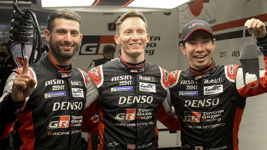 José María "Pechito" López es el vigente campeón. Aquí con el japonés Kamui Kobayashi y el británico Mike Conway,  compañeros de equipo en Toyota.
