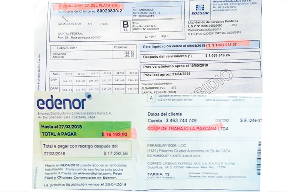 Ejemplos de algunas de las facturas que les están llegando a las cooperativas.