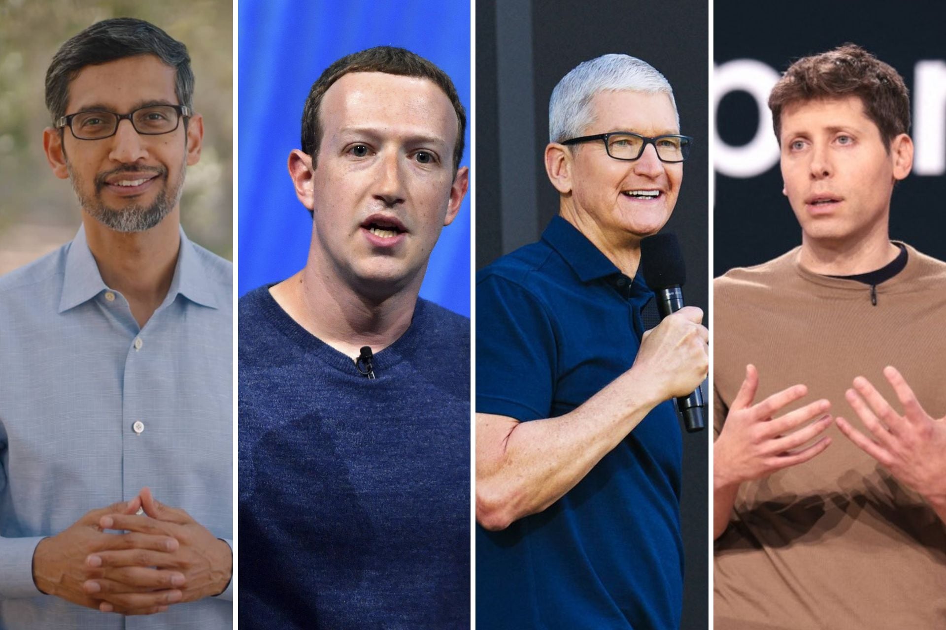 Sundar Pichai, Mark Zuckerberg, Timothy Cook y Sam Altman