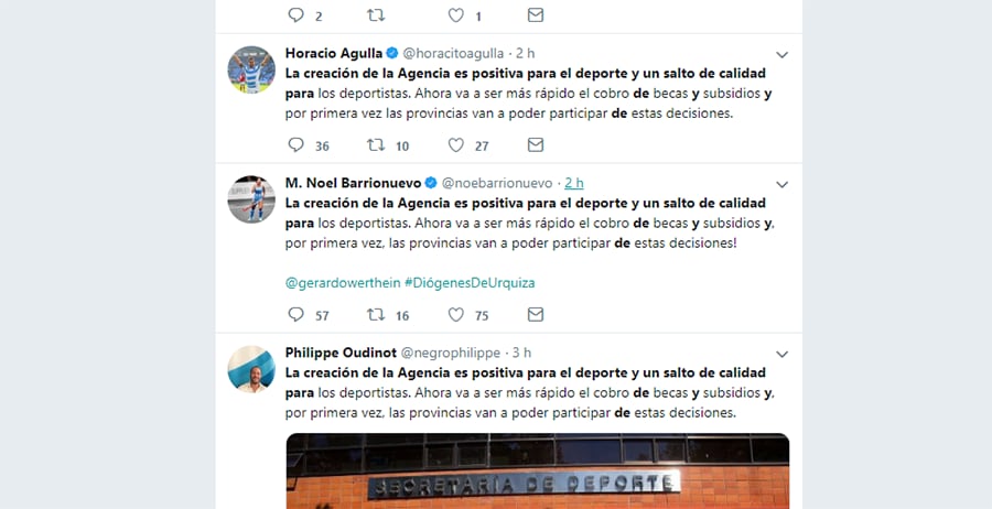 Los tuits idénticos de Barrionuevo y Agulla que generaron las respuestas irónicas.