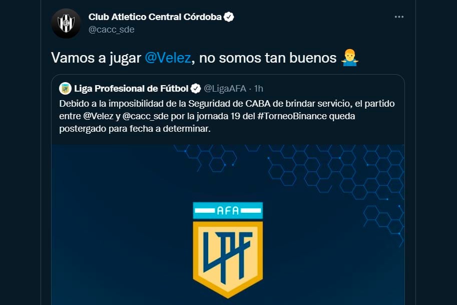 Central Córdoba ironizó desde sus redes por la suspensión. Luego borraron el tuit