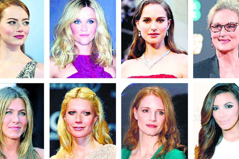 Arriba: Emma Stone, Reese Witherspoon, Natalie Portman, Meryl Streep. Abajo: Jennifer Aniston, Gwyneth Paltrow, Jessica Chastain, Eva Longoria.