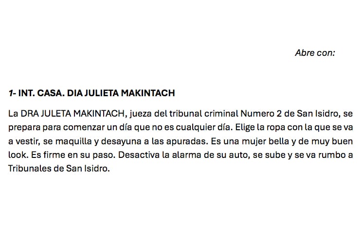 Comienzo del guión de la miniserie Justicia Divina