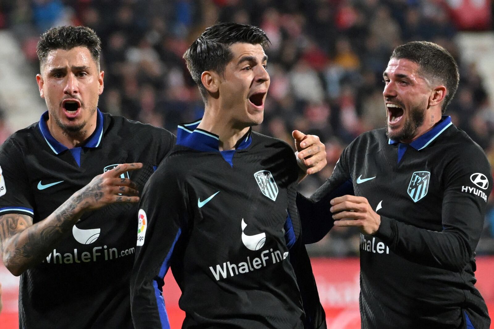 Josema Giménez, Morata y De Paul festejan el gol del Atlético de Simeone