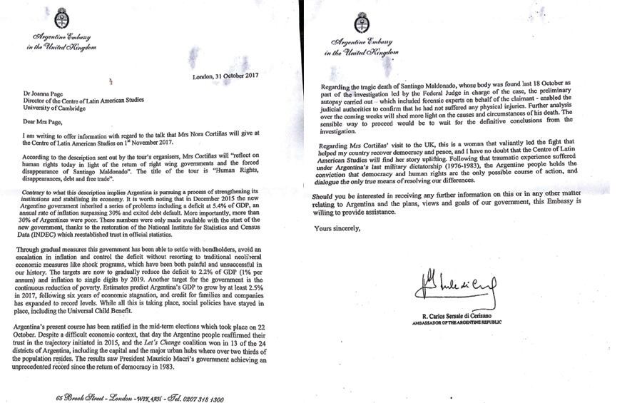 La carta enviada en inglés por el embajador a la Universidad de Cambridge.