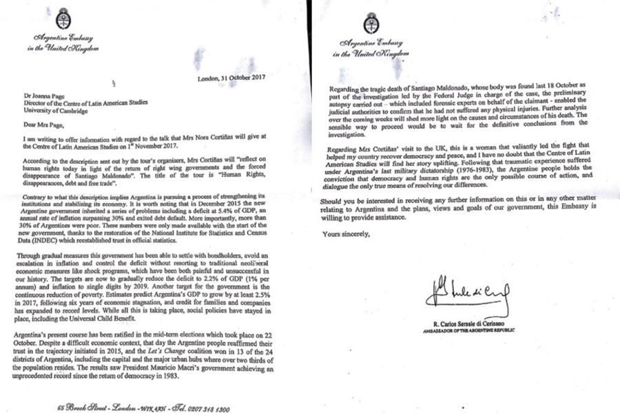 La carta enviada en inglés por el embajador a la Universidad de Cambridge.