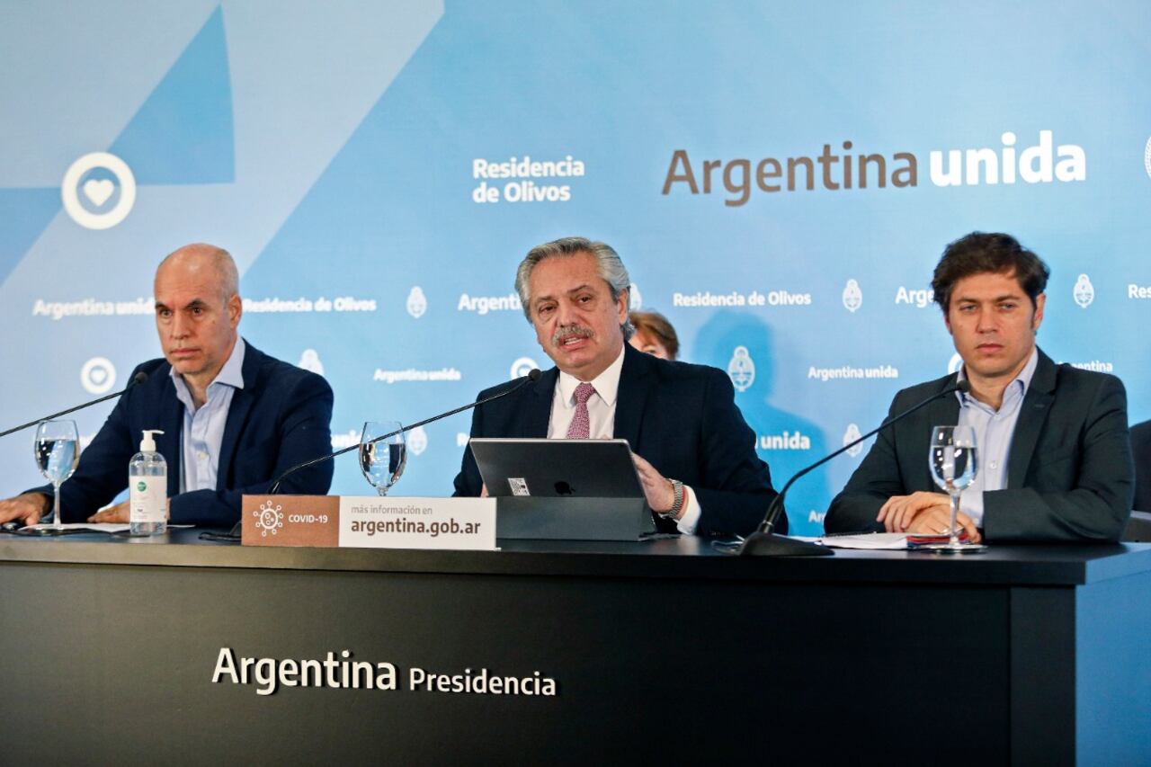 Alberto Fernández junto a Horacio Rodríguez Larreta y a Axel Kicillof en Olivos.