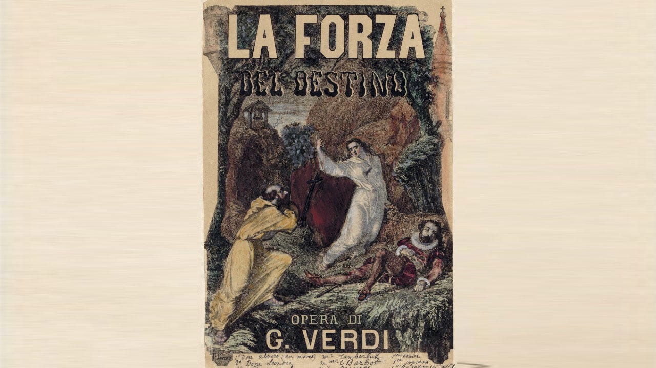 Portada de la partitura de "La fuerza del destino", ilustrada con la tremebunda escena final.